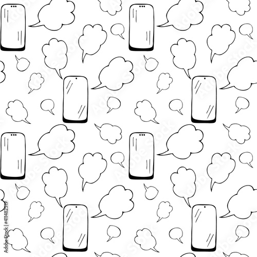 Seamless pattern Mobile phone, cell phone, and the cloud that stands for phrases and conversations.