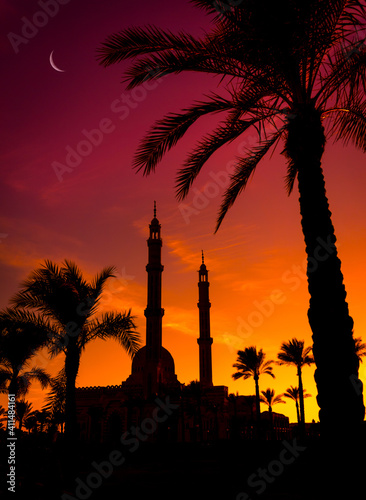 Beautiful large Islamic mosque at the sunset sky background © romaset