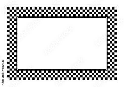 Checkerboard pattern, rectangle frame. A checkered pattern frame, made of a checkerboard diagram consisting of black and white alternating squares, framed with lines. Illustration over white. Vector.