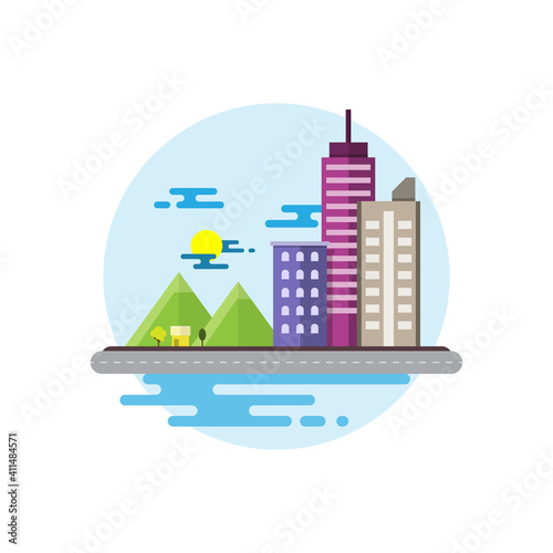 Flat scene, design cityscape. Mountains country hotel. Vector illustration