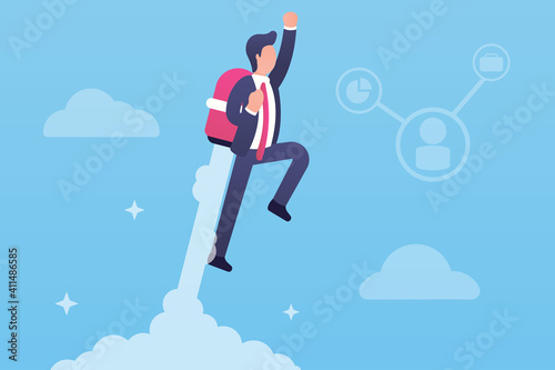 Vector business illustration. A businessman in a suit sits at a laptop in a lotus position and works on a new project. Striving upward. Freelance, Career and Competition. Business success.