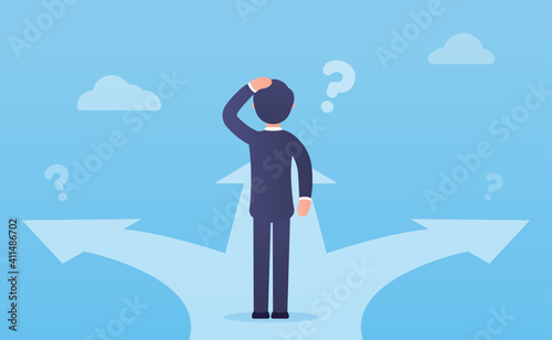 Vector business illustration. Vector concept of choosing a strategy and path. A businessman in a suit stands at a loss before a choice. Freelance, Career and Competition. Decision making.
