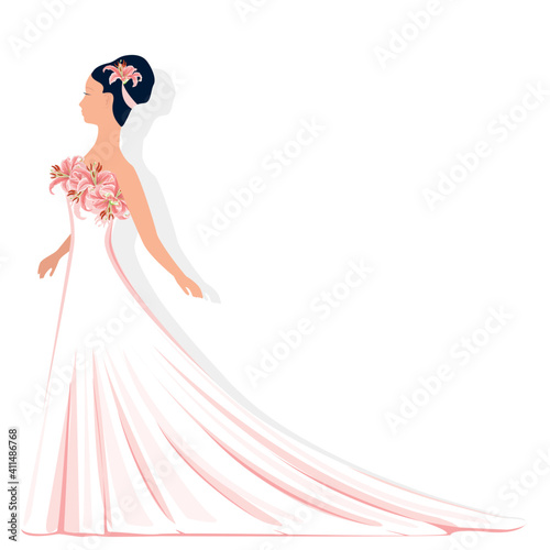 Beautiful bride with a hairstyle in a lace white dress with a veil side view. Flat background wedding vector illustration.