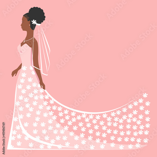 Beautiful black bride with a hairstyle in a lace white dress with a veil side view. Flat background wedding vector illustration.