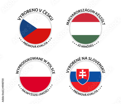 Free Download Set of four Czech, Hungarian, Polish and Slovak stickers. Made in Czech Republic, Made in Hungary, Made in Poland and Made in Slovakia. Simple icons with flags isolated on a white background - GFXLoad