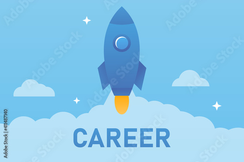 Vector business illustration. Vector concept of aspiration upward. The business rocket flies up to conquer new business horizons. Freelance, Career and Competition. Business success.