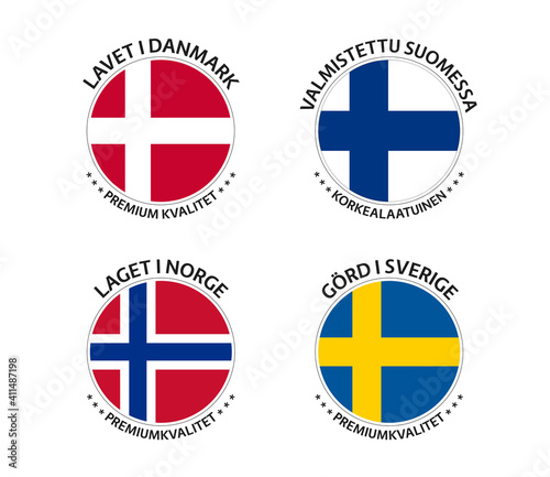 Set of four Danish, Finnish, Norwegian and Swedish stickers. Made in Denmark, Made in Finland, Made in Norway and Made in Sweden. Simple icons with flags isolated on a white background