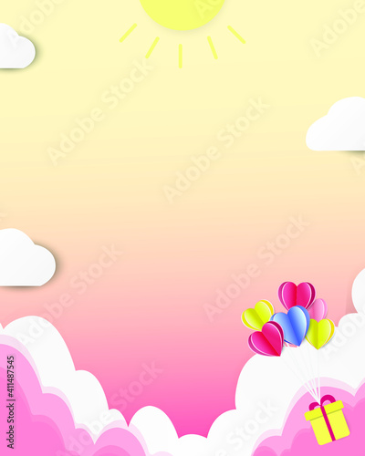 Love and valentines day vector illustration with heart balloon, gift and cloud Paper cut style