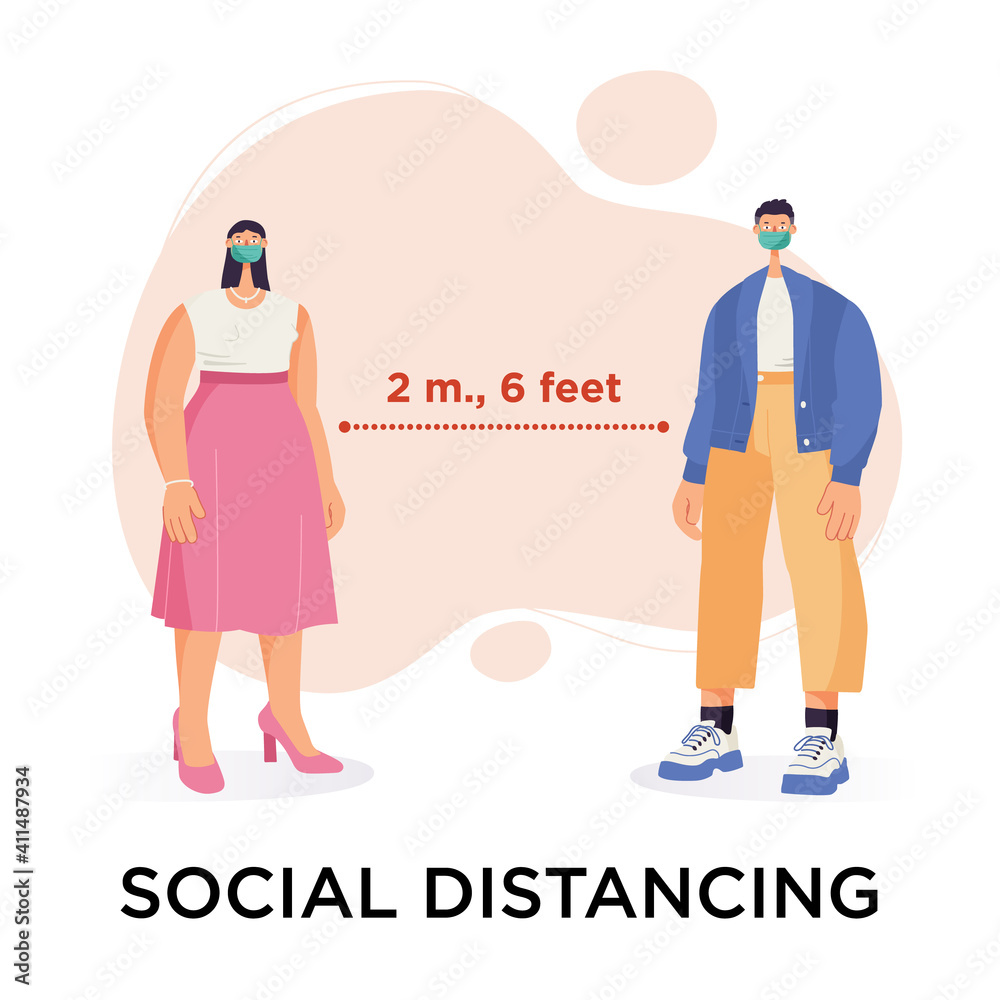 Social distancing concept. Man and woman character wearing surgical or medical face mask maintain social distancing to prevent from virus spreading and flu prevention. Isolated on background