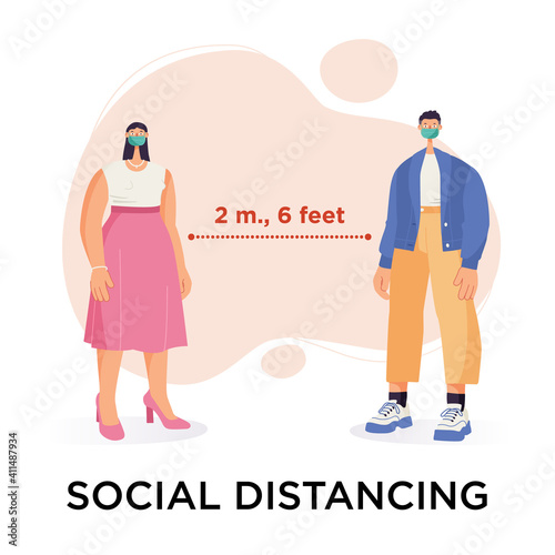 Social distancing concept. Man and woman character wearing surgical or medical face mask maintain social distancing to prevent from virus spreading and flu prevention. Isolated on background