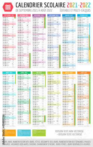 Calendrier scolaire 2021 - 2022. Fichier éditable et multi-calques.