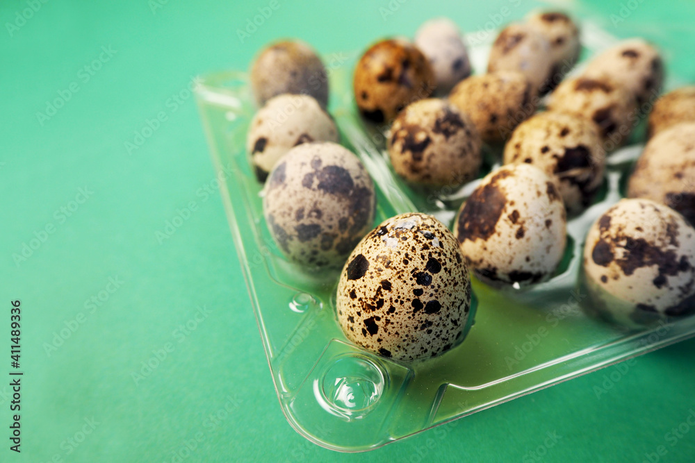 Obraz premium many small brown and gray quail eggs lie in an open plastic transparent container on a green background side view