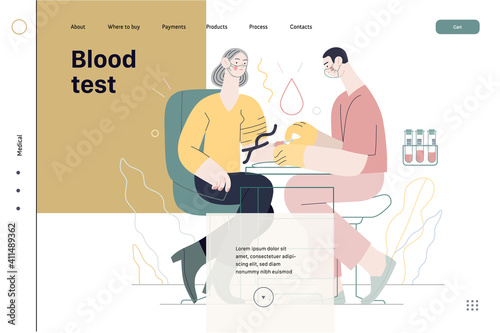Medical tests illustration - blood test - modern flat vector concept digital illustration of blood test procedure - a patient and doctor with a syringe and test tubes, the medical office or laboratory