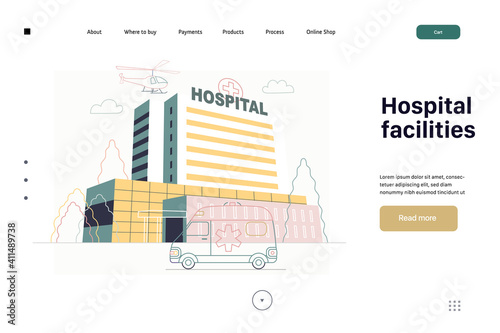 Medical insurance - hospital facilities and services - modern flat vector concept digital illustration - a hospital building with an ambulance car and a helicopter above, medical office or laboratory