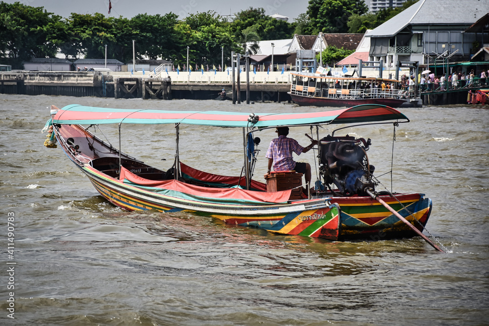 Decorated colorful Long tail boat on Chao Phraya river