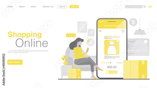 Shopping Online And Online Payment On Website Or Mobile Application. Online Payment Landing page in Flat Style. Color Of The Year 2021. Vector EPS 10