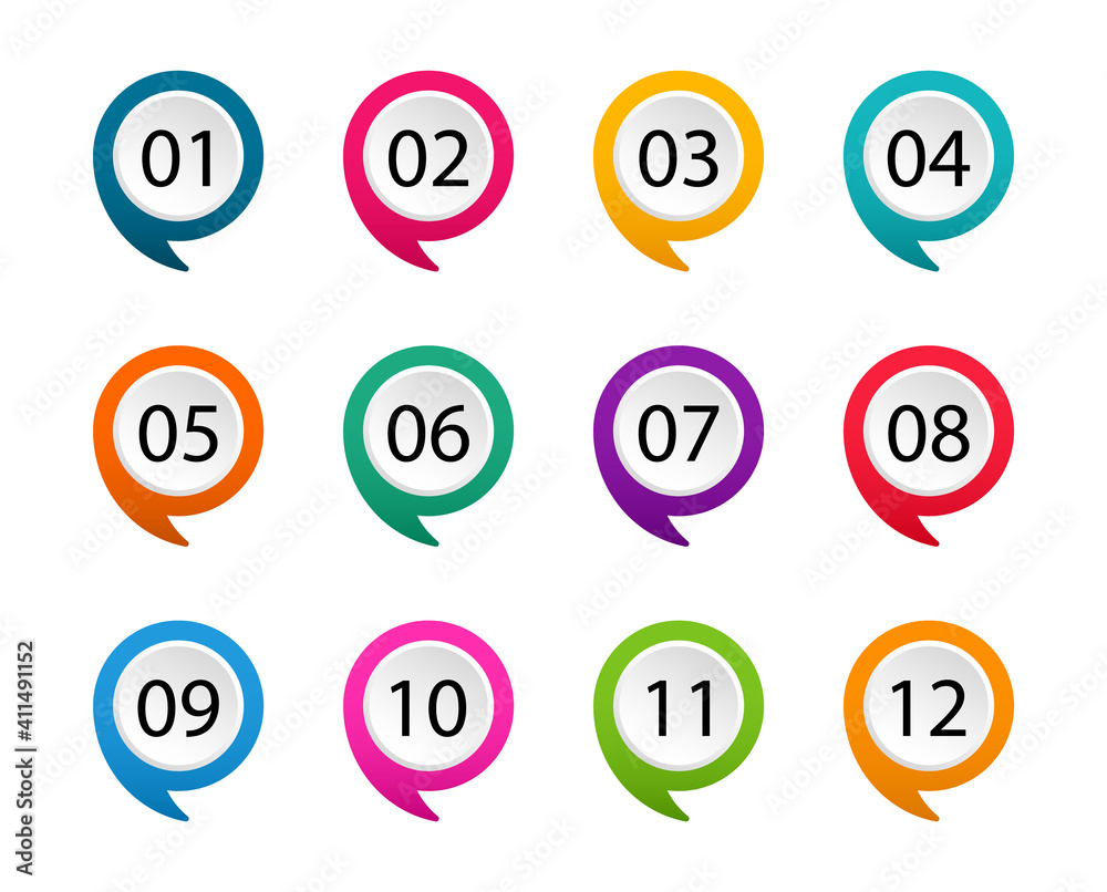 Number bullet point from one to twelve. Colorful markers. Modern flags points. Vector illustration. Number bullet point from one to twelve. Colorful markers. Modern flags points. Vector illustration.