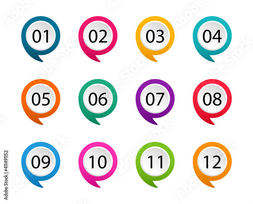 Number bullet point from one to twelve. Colorful markers. Modern flags points. Vector illustration.