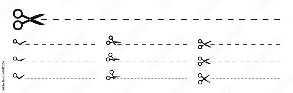 Set of scissors with cut lines. Black scissors cutting. Vector icons. Set of scissors with cut lines. Black scissors cutting. Vector icons.