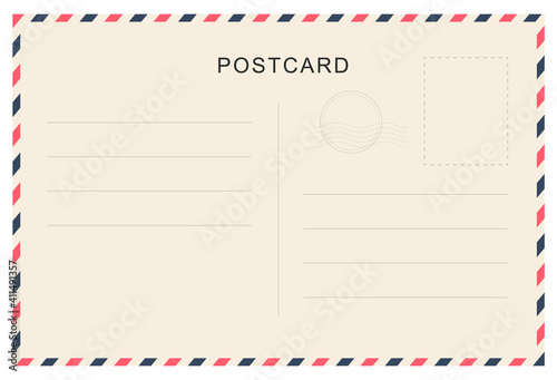 Vintage postcard with paper texture. Travel postcard template. Postal card design. Blank vector post card.