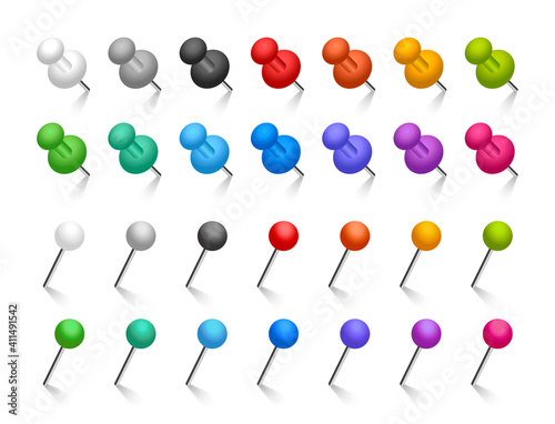 Colored pins set. Push pins and stationery needles. Vector illustration.