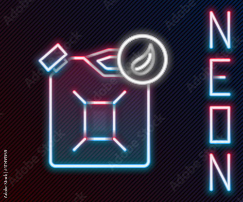 Glowing neon line Bio fuel canister icon isolated on black background. Eco bio and barrel. Green environment and recycle. Colorful outline concept. Vector Illustration.