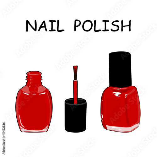 Closed bottle and open a bottle of red nail polish and a brush. Hand drawing nail polish. Vector illustration. Isolated vector nail polish object. Nail polish set.