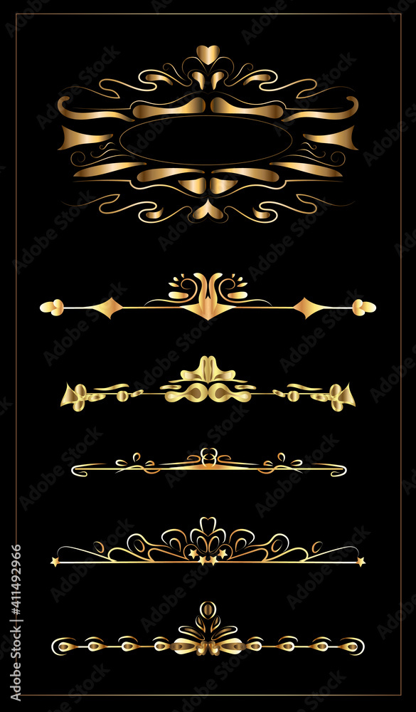 Naklejka premium Gold frames. Modern style and fashionable solutions. Lines and decorations. Set of vector frames of gold. The file can be edited easily.