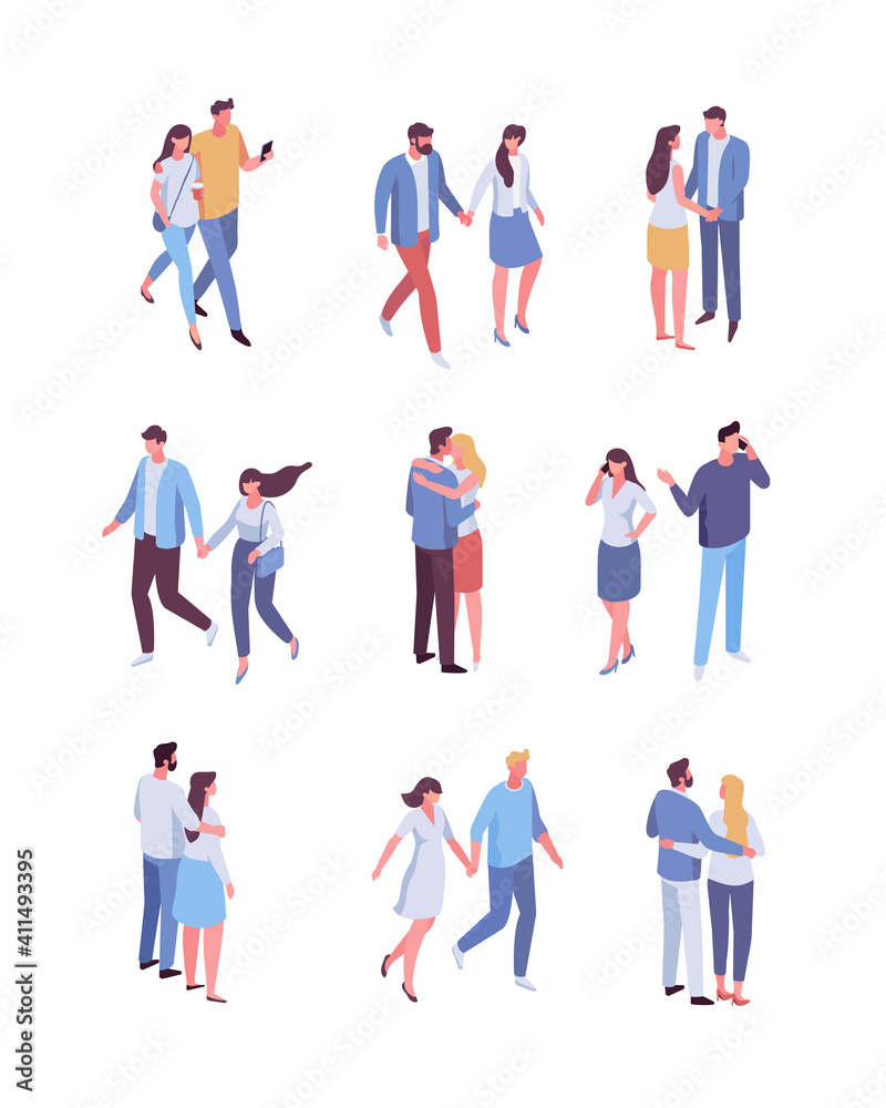 Couple in love spending time together, isometric people vector set isolated on white. Men and women. 