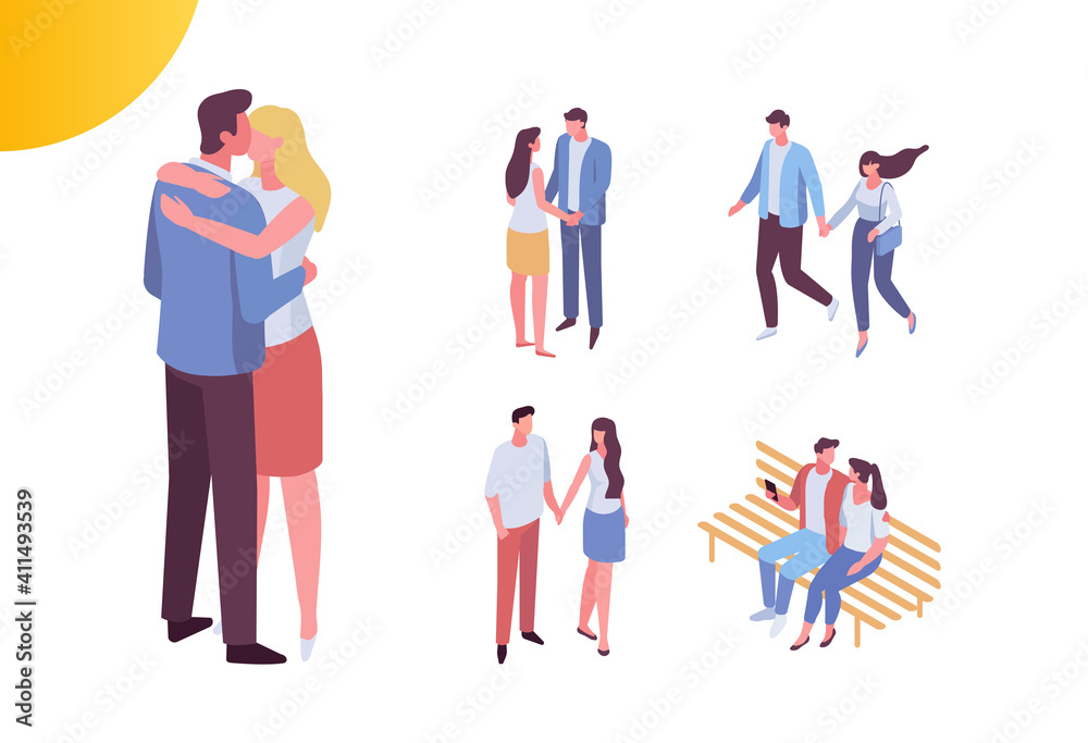 Couple in love spending time together, isometric people vector set isolated on white. Men and women. 