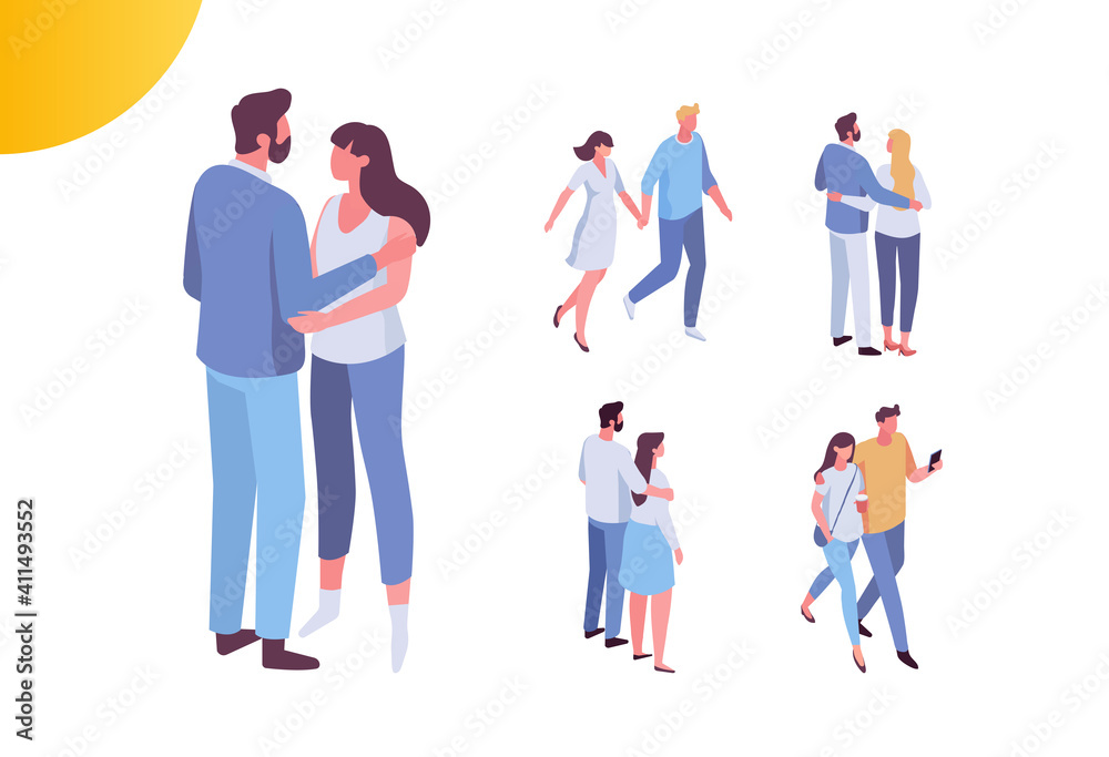 Couple in love spending time together, isometric people vector set isolated on white. Men and women. Couple in love spending time together, isometric people vector set isolated on white. Men and women.