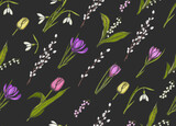 Spring seamless pattern with hand drawn flowers lilies of the valley, willow, tulip, snowdrop, crocus - isolated. Pattern can be used for wallpaper, web page background, surface textures.