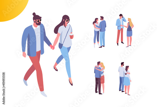Couple in love spending time together, isometric people vector set isolated on white. Men and women. 