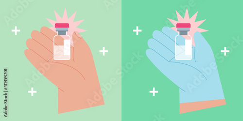 Hand in medical blue glove holding a medicine bottle. Coronavirus vaccine bottle. 