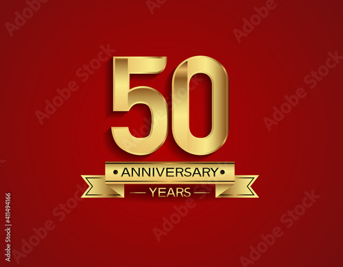 50 years anniversary golden design color with ribbon with red background can be use for template, party and special celebration moment