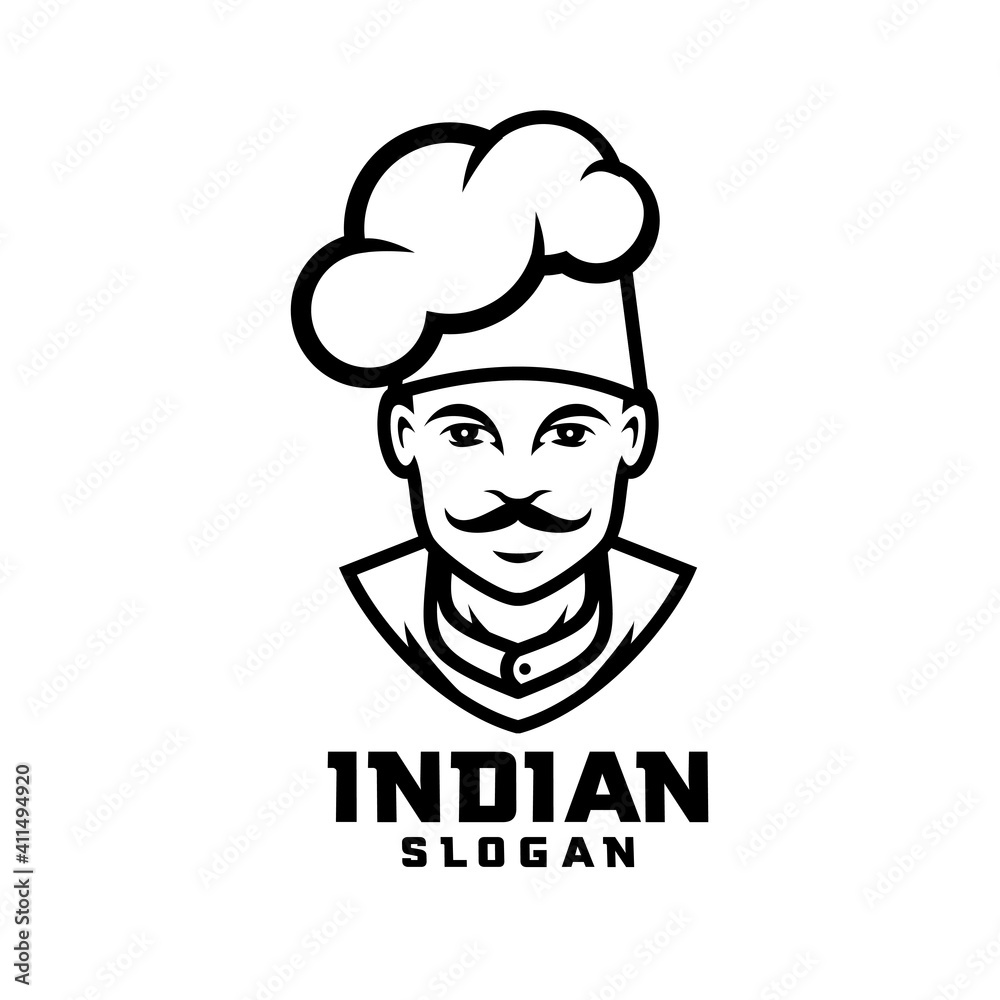 Indian chef character white outline logo design cartoon Indian chef character white outline logo design cartoon
