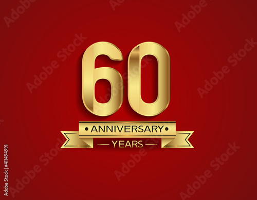 60 years anniversary golden design color with ribbon with red background can be use for template, party and special celebration moment