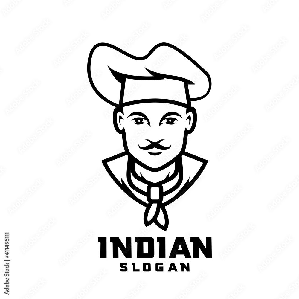Indian chef character white outline logo design cartoon Indian chef character white outline logo design cartoon