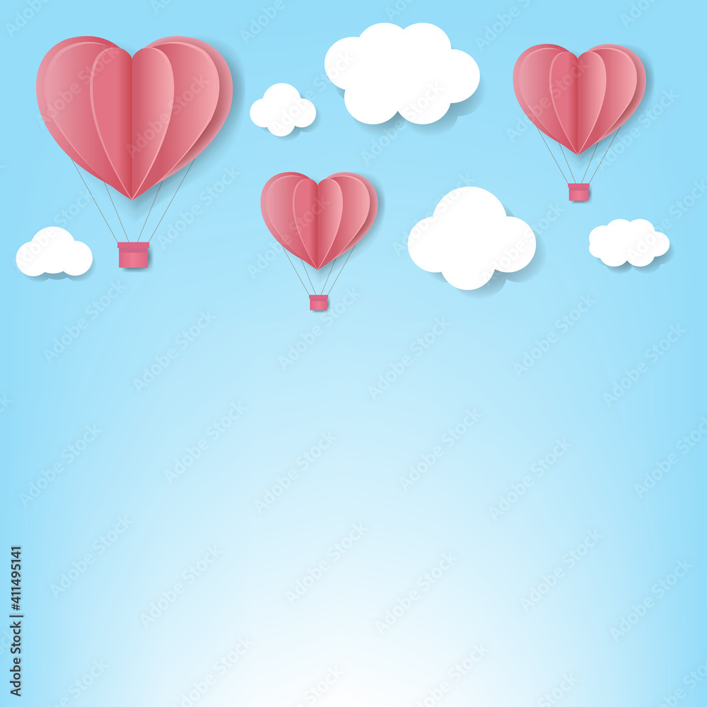 Paper Hearts With Cloud Blue Background With Gradient Mesh, Vector Illustration.