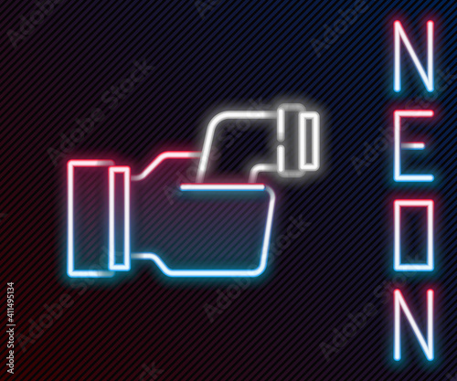 Glowing neon line Digital contactless thermometer with infrared light for medical examination icon isolated on black background. Checking body temperature. Colorful outline concept. Vector.