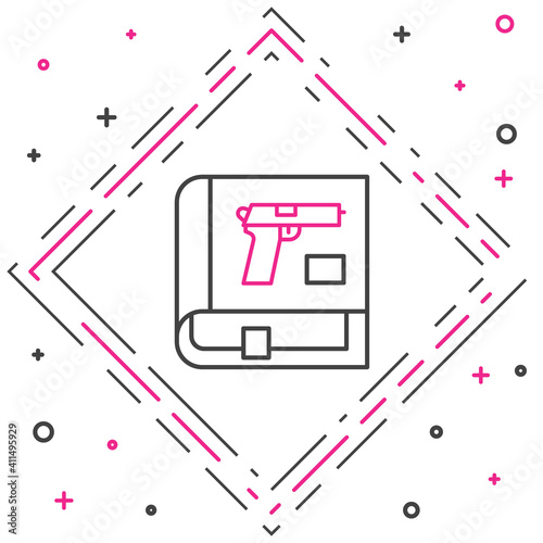 Line Book with pistol or gun icon isolated on white background. Police or military handgun. Small firearm. Weapon catalog. Colorful outline concept. Vector.