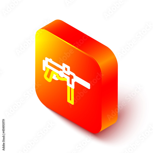 Isometric line Submachine gun M3, Grease gun icon isolated on white background. Orange square button. Vector.