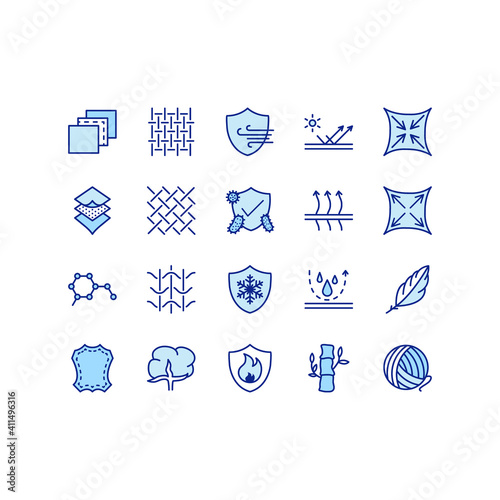 Fabric and Layered material related vector icons. Clothing properties symbols. Contains icons such as cotton, wool, waterproof,windproof and more