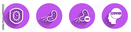Set Shield protecting from virus, Virus, Negative virus and Corona virus covid-19 icon with long shadow. Vector.