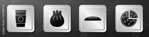 Set Coffee cup to go, Khinkali on cutting board, Bread loaf and Pizza icon. Silver square button. Vector.