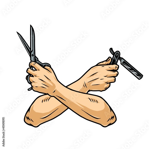 Colorful concept of crossed barber hands
