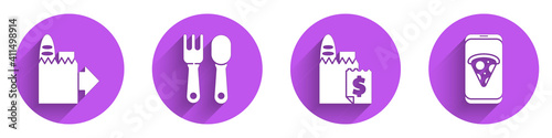 Set Online ordering and delivery, Fork and spoon, Online ordering and delivery and Food ordering pizza icon with long shadow. Vector.