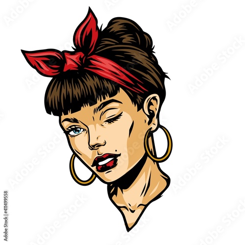 Vintage concept of attractive winking woman head