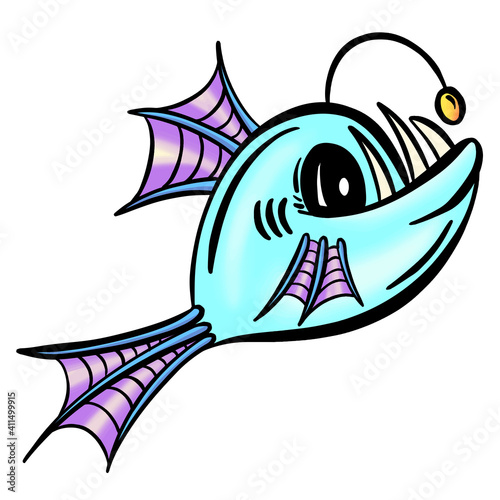 Colour Cartoon Anglerfish Fish Outline Illustration Vector