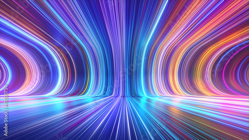 Foto 3d render, abstract multicolor spectrum background, bright orange blue neon rays